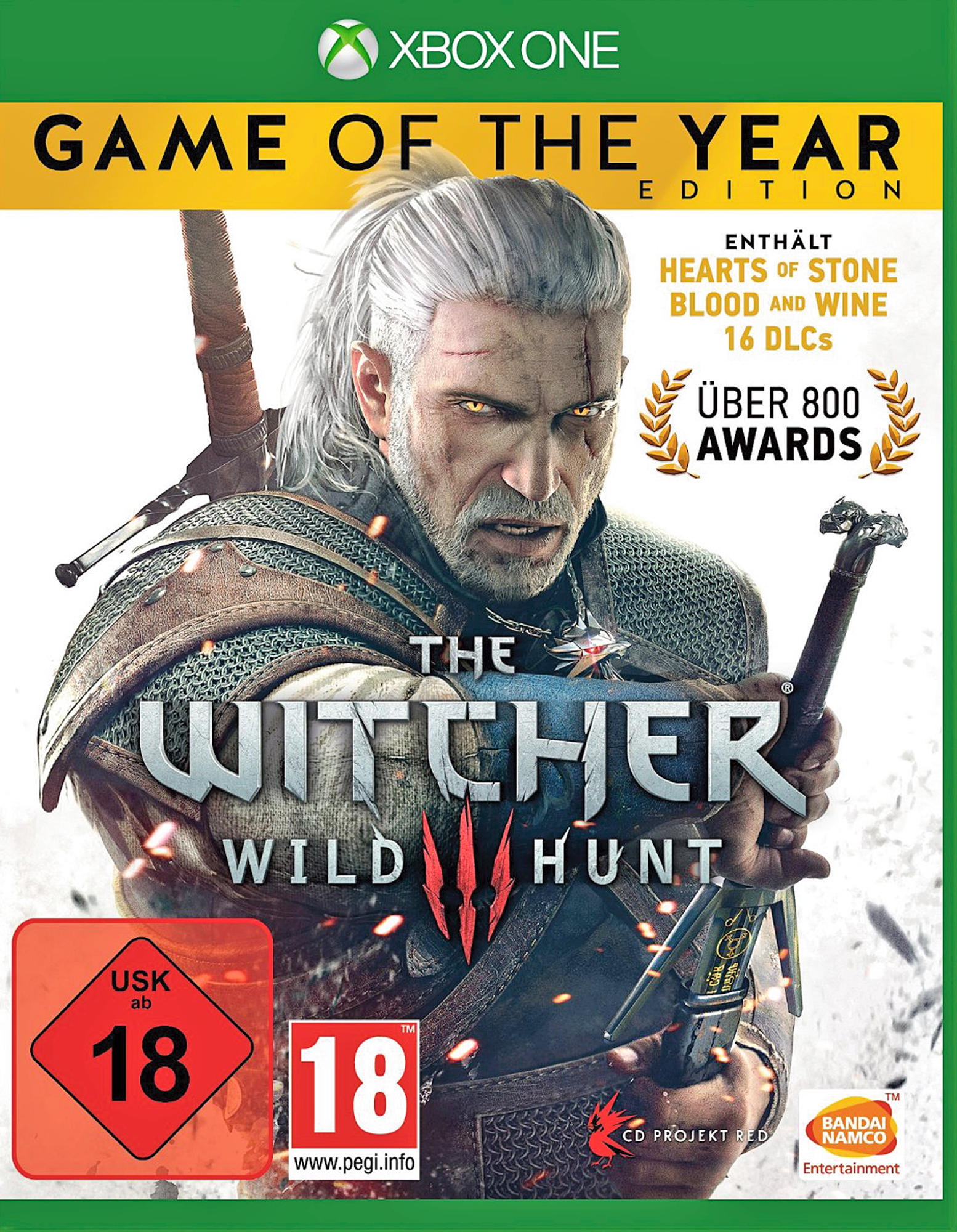 Spielcover: Geralt mit Schwert. Titel: The Witcher 3: Wild Hunt.