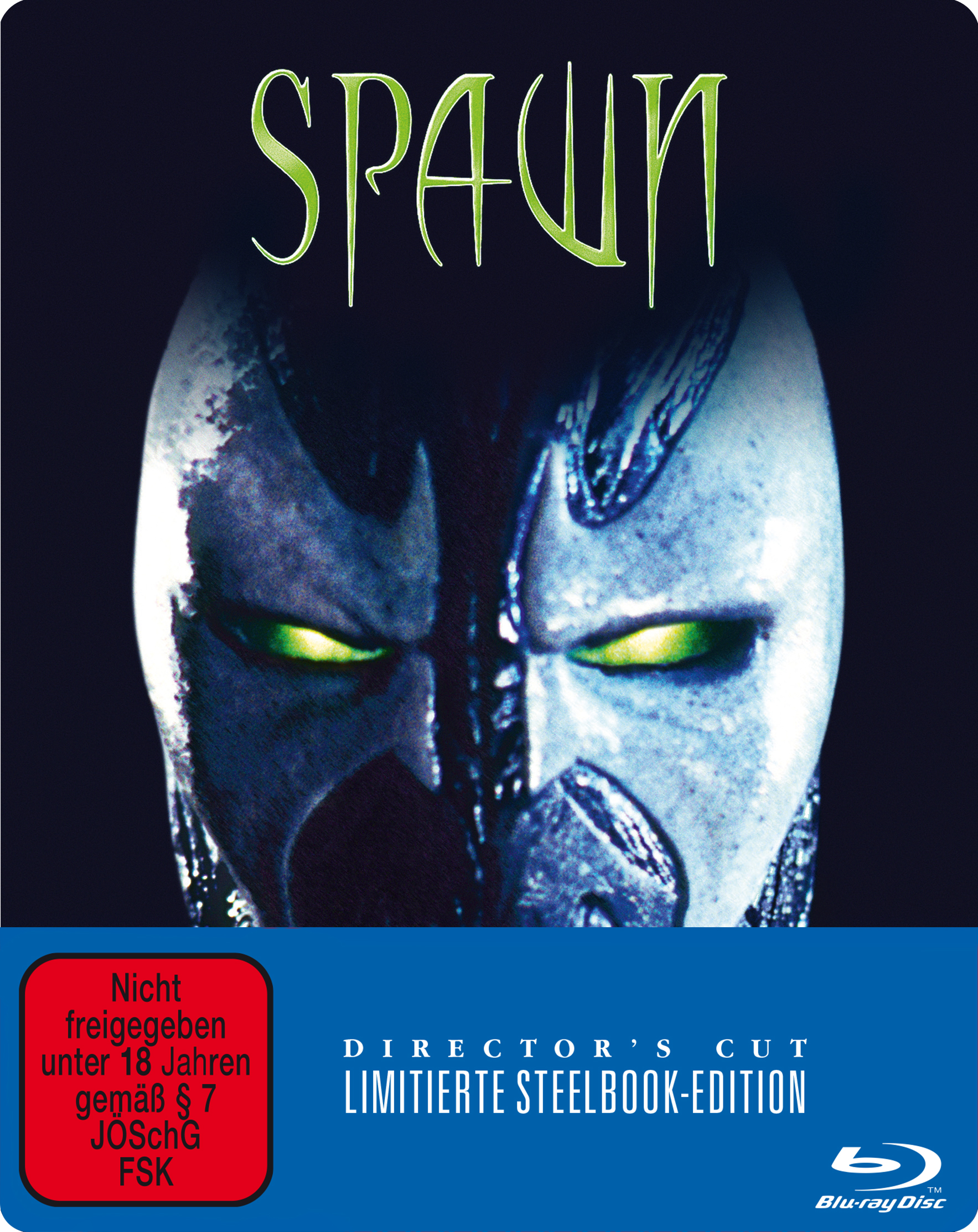 Spawn Blu-ray-Cover. Spawns Gesicht mit grünen Augen.