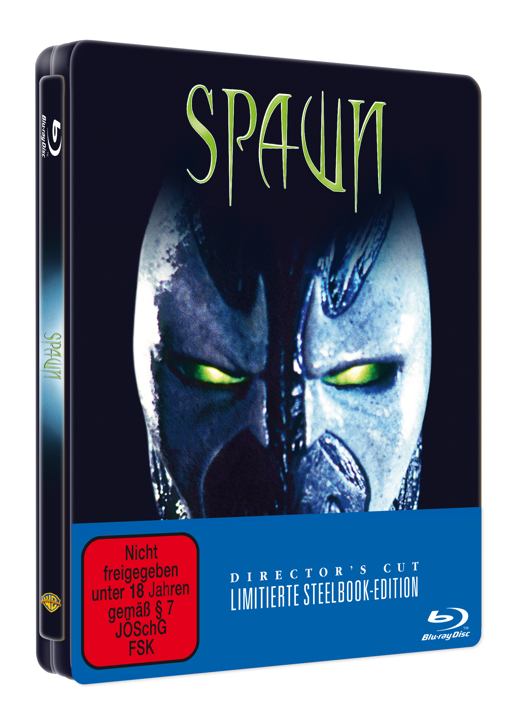 Spawn DVD-Hülle. Zeigt Spawns Gesicht, das in der Mitte geteilt ist, mit einem dunkelblauen Hintergrund und grünem Text.