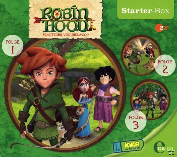 DVD-Cover für den 'Robin Hood'-Zeichentrickfilm mit Robin Hood und anderen Figuren. Heller grüner Hintergrund.