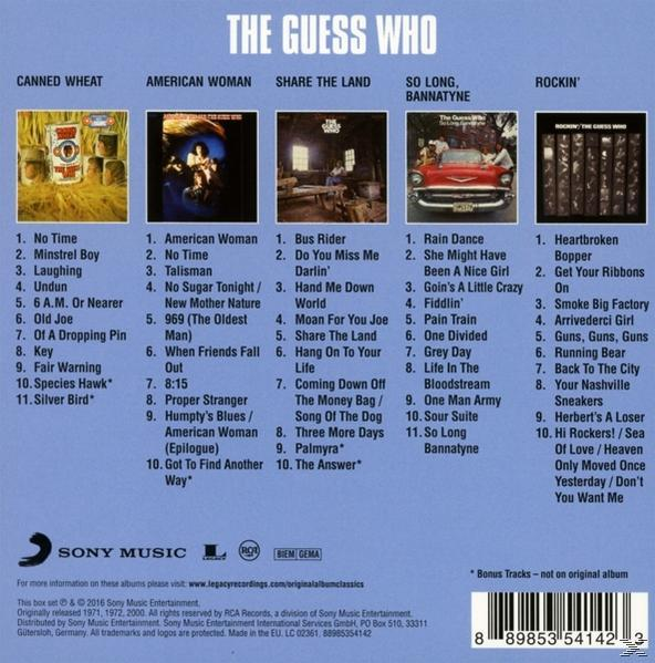 Rückseite des Albums 'The Guess Who' mit Titellisten und Bildern von Albumcovern. Text lesbar.