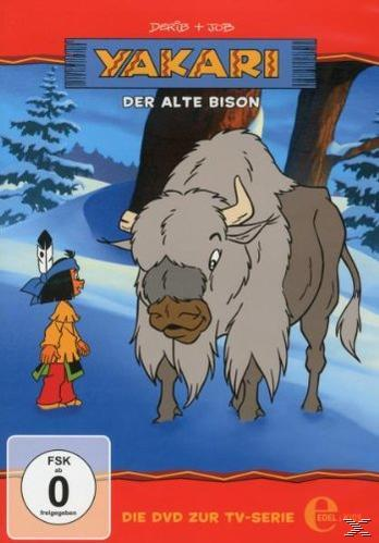 DVD-Cover Cartoon: Yakari und ein Bison in einer schneebedeckten Landschaft.