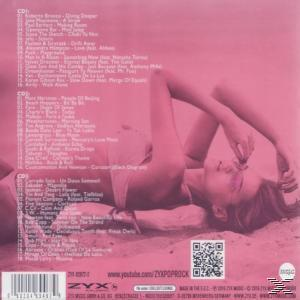 Frau am Strand. Rosa Hintergrund mit Songtiteln. Albumcover mit einer Titelliste und einem Logo.