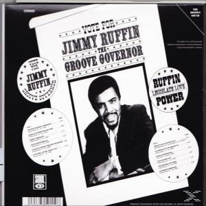 Egy album hátulja. Egy öltönyös férfi, szöveg: Vote for Jimmy Ruffin, The Groove Governor.