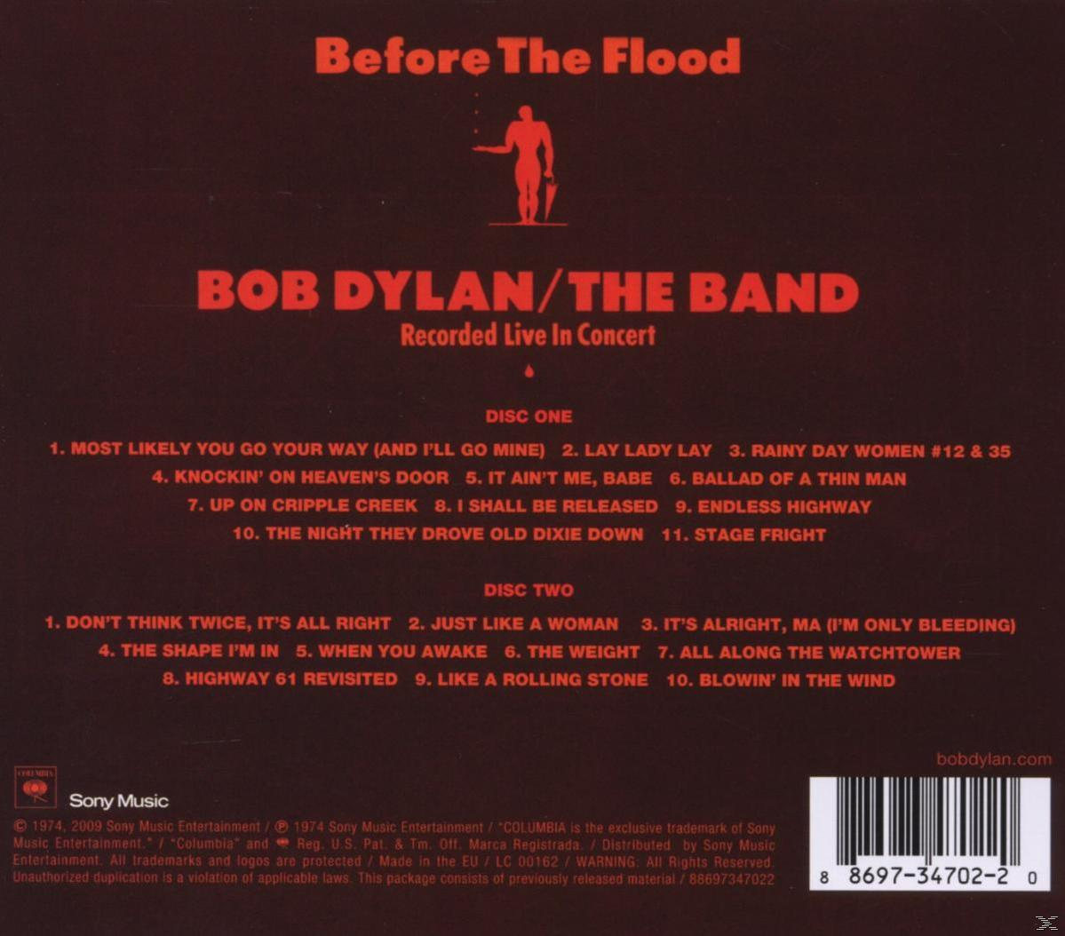 CD-Cover von Bob Dylan/The Band's "Before The Flood" mit Titellisten und Logo.