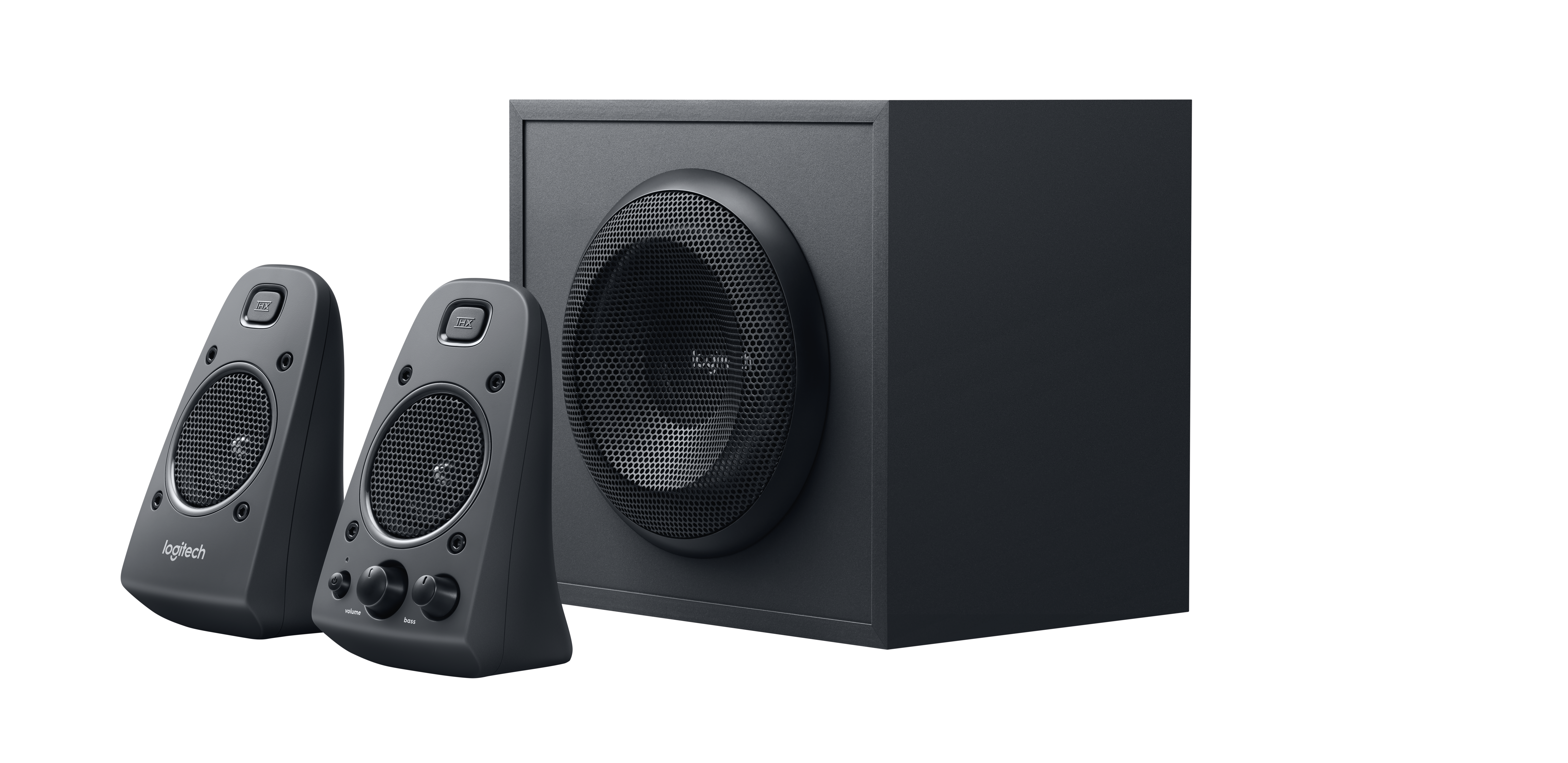 A black speaker system. Two small speakers and one subwoofer.