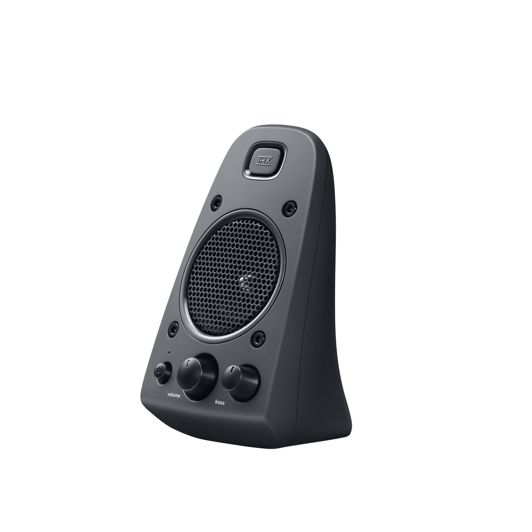 Black speaker with a mesh front and two volume control knobs. Black background.
