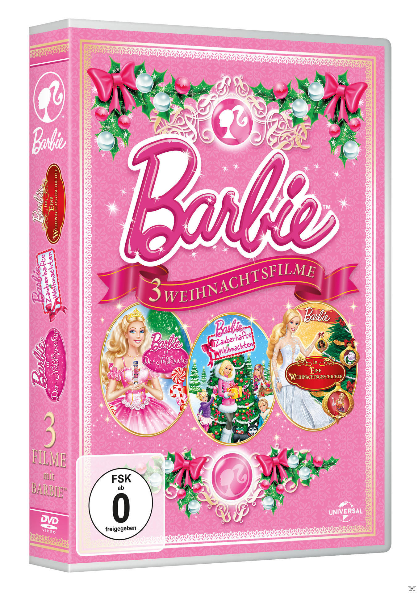 Rosa DVD-Hülle mit Barbie und 3 Weihnachtsfilmen.
