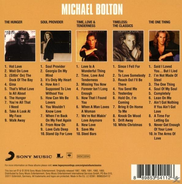 Die Rückseite eines CD-Cases mit Titelliste für Michael Boltons Album, mit Vorschaubildern der Album-Art.