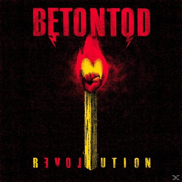 Streichholz entzündet sich zu Faust- und Herzflamme, 'BETONTOD' oben und 'REVOLUTION' unten.