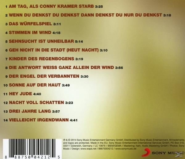 Rückseite eines CD-Covers mit deutschen Songtiteln. Text auf goldenem Hintergrund. Enthält einen Barcode und Urheberrechtsinformationen.