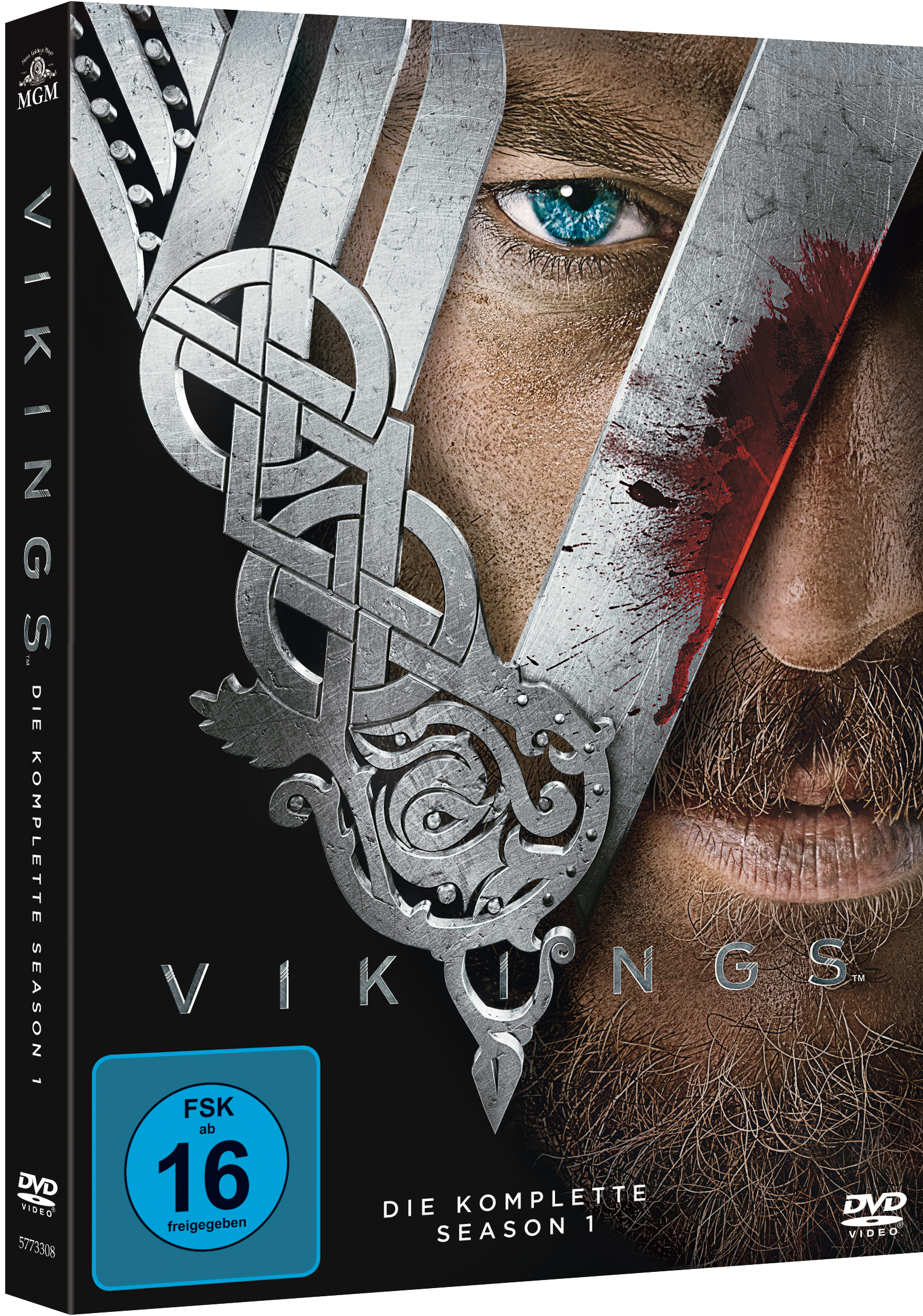 DVD-Cover von Vikings. Nahaufnahme eines Mannes mit Wikingerhelm und Schwert.
