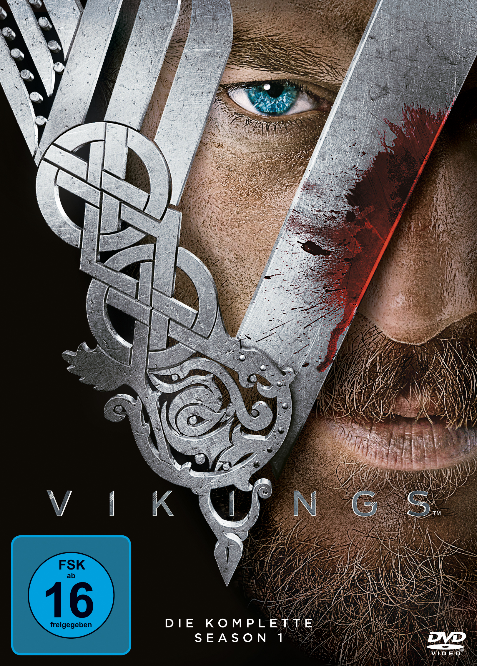 DVD-Cover von Vikings, mit einem Männergesicht und einem Schwert mit dem Titel Vikings.