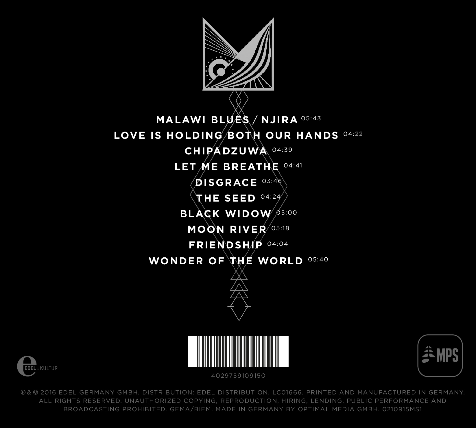 Schwarzes Albumcover mit weißem geometrischem Design und Trackliste. Der Hintergrund ist schwarz.
