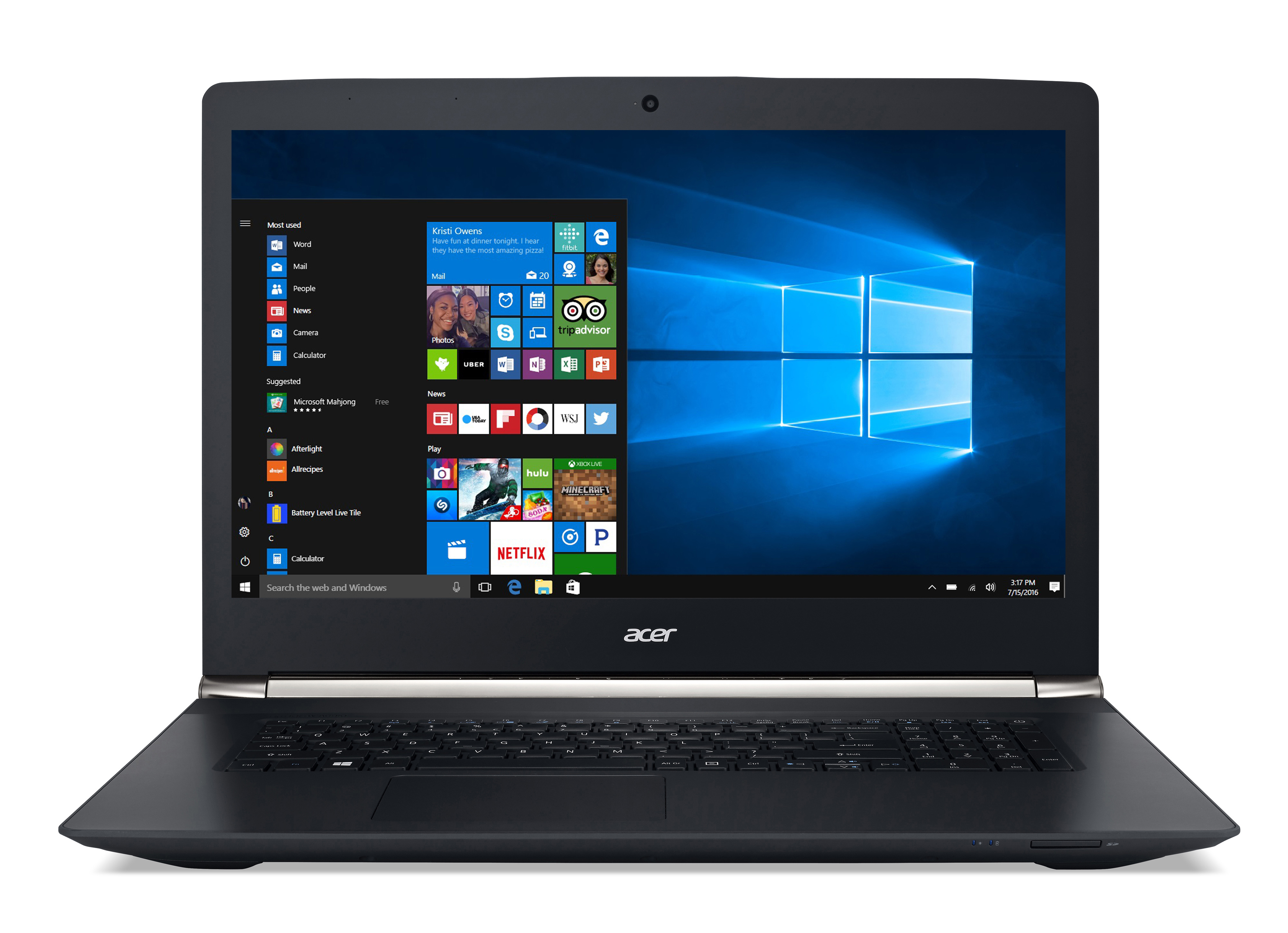 Schwarzer Laptop auf Weiß, Bildschirm zeigt Windows-Oberfläche.