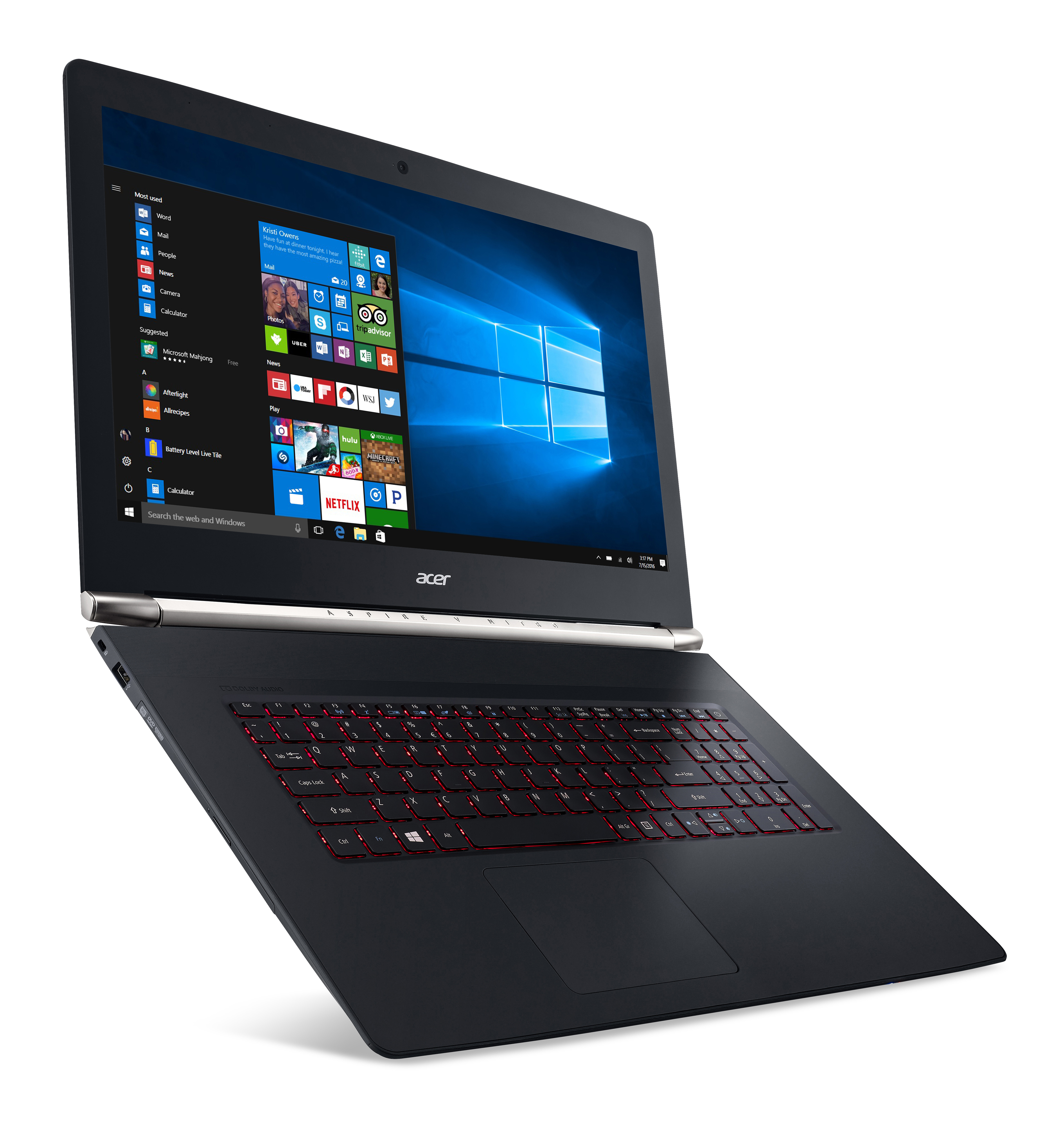 Ein schwarzer Acer Laptop mit roter Tastatur. Der Bildschirm zeigt verschiedene App-Symbole.