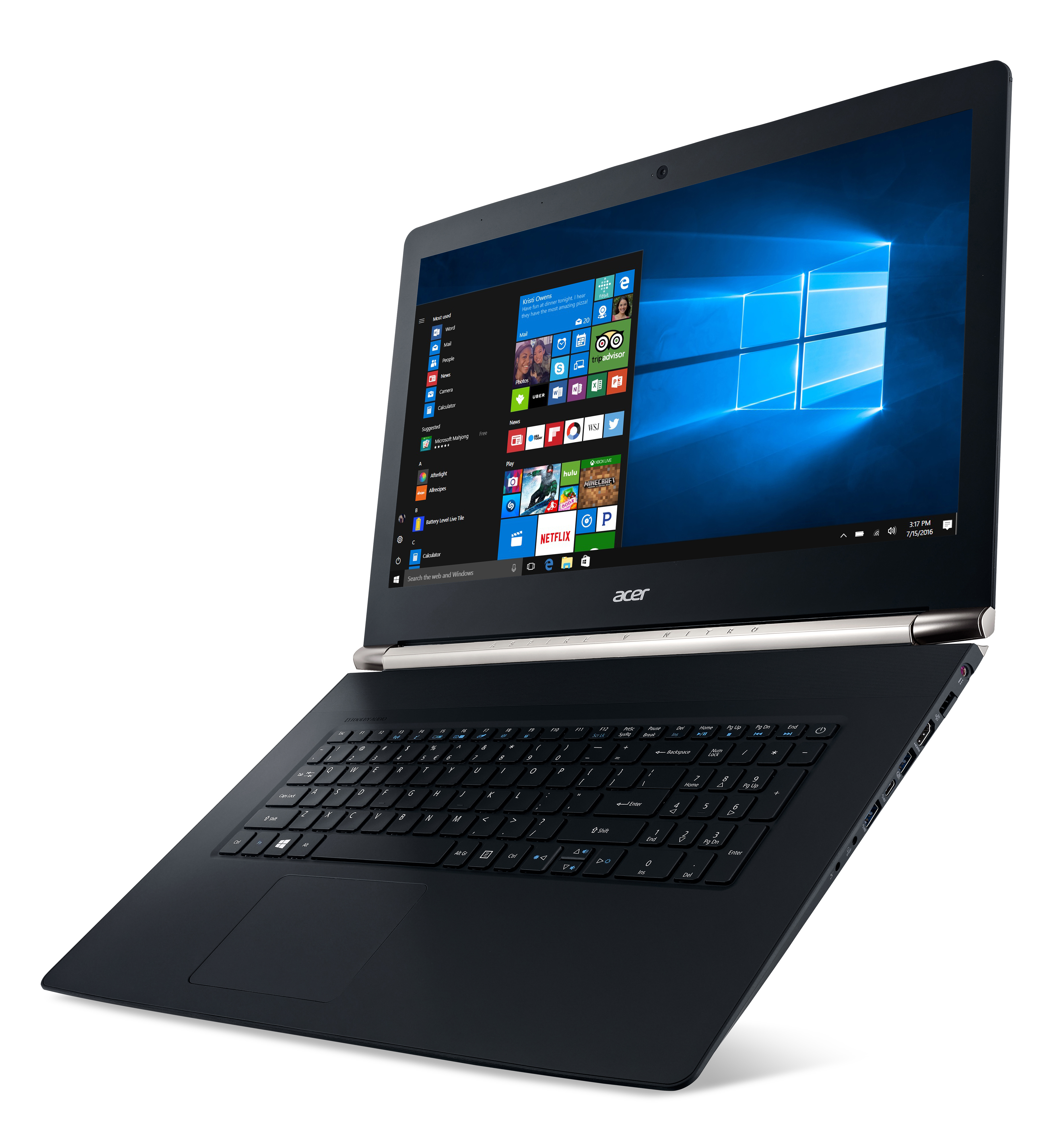 Schwarzer Laptop-Computer geöffnet. Der Bildschirm zeigt die Windows-Oberfläche. Er ist nach oben abgewinkelt.