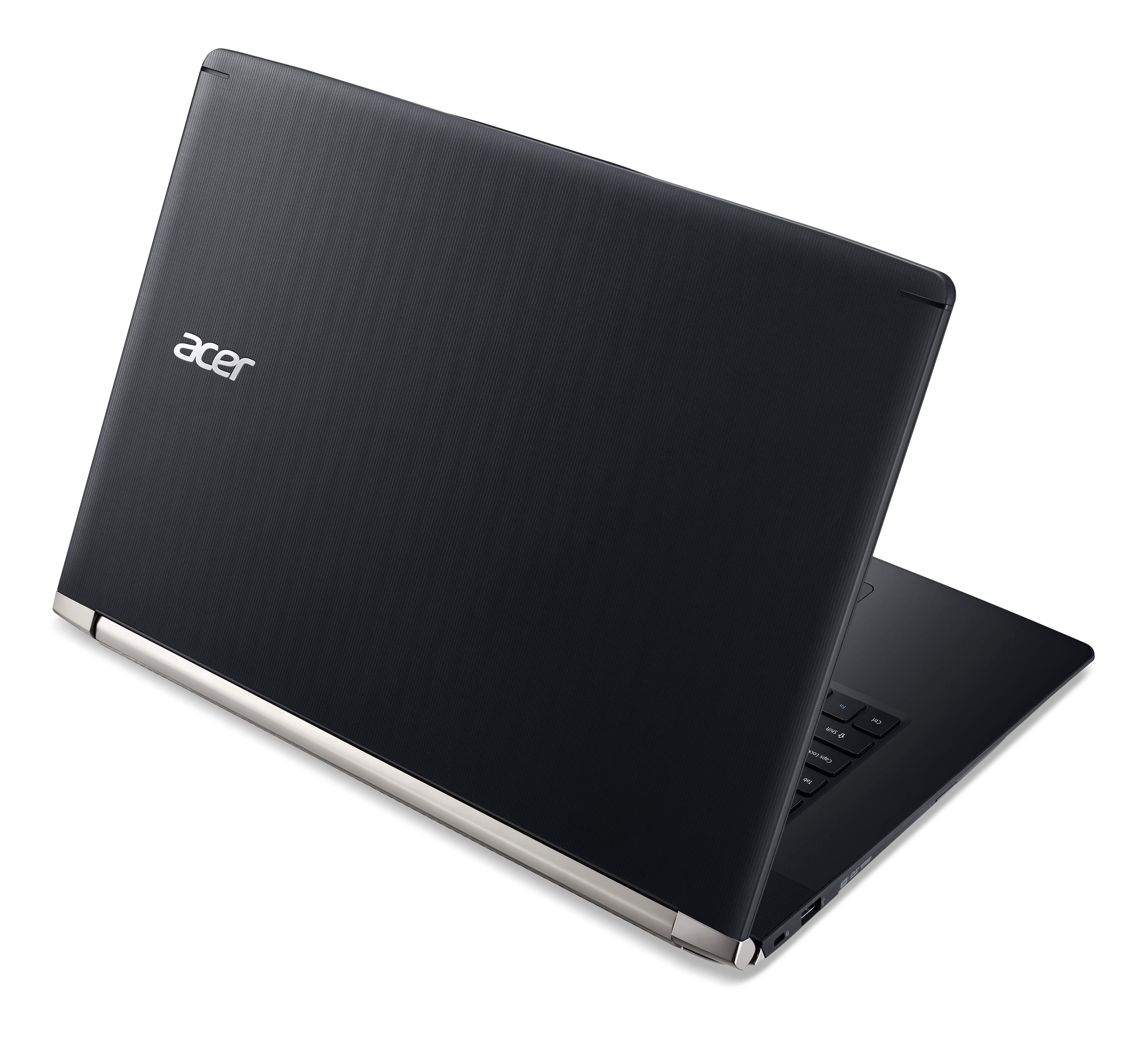 Ein schwarzer Laptop wird von hinten gezeigt, leicht geöffnet, mit einer silbernen Kante und dem Acer-Logo.