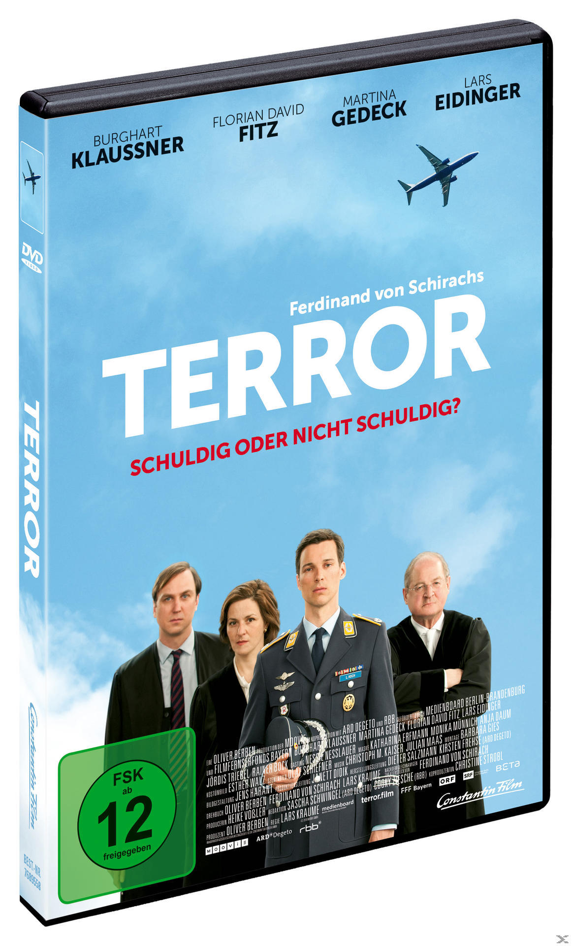 DVD-Cover von 'Terror'. Zeigt Menschen in Anzügen, eine Uniform und ein Flugzeug. Farben: Blau, Schwarz, Weiß, Grün.