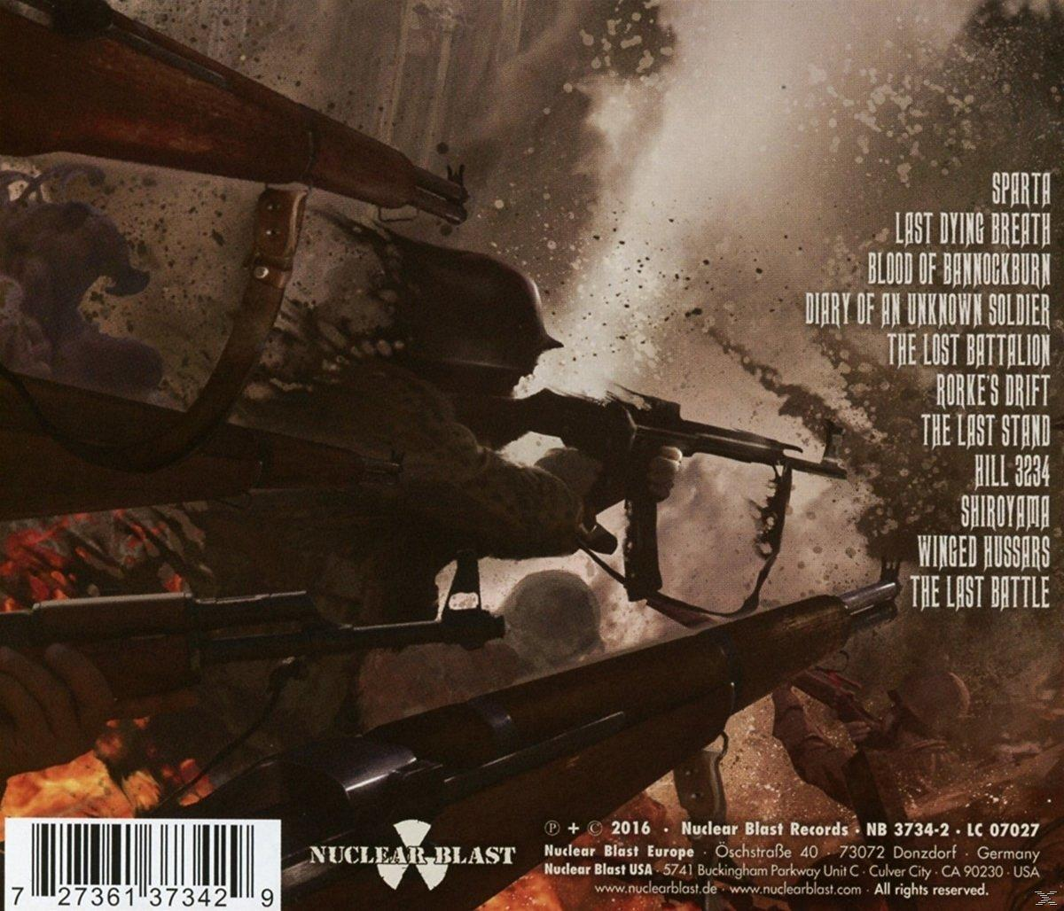 Albumcover mit Kriegsszene. Soldaten mit Gewehren und Explosionen.