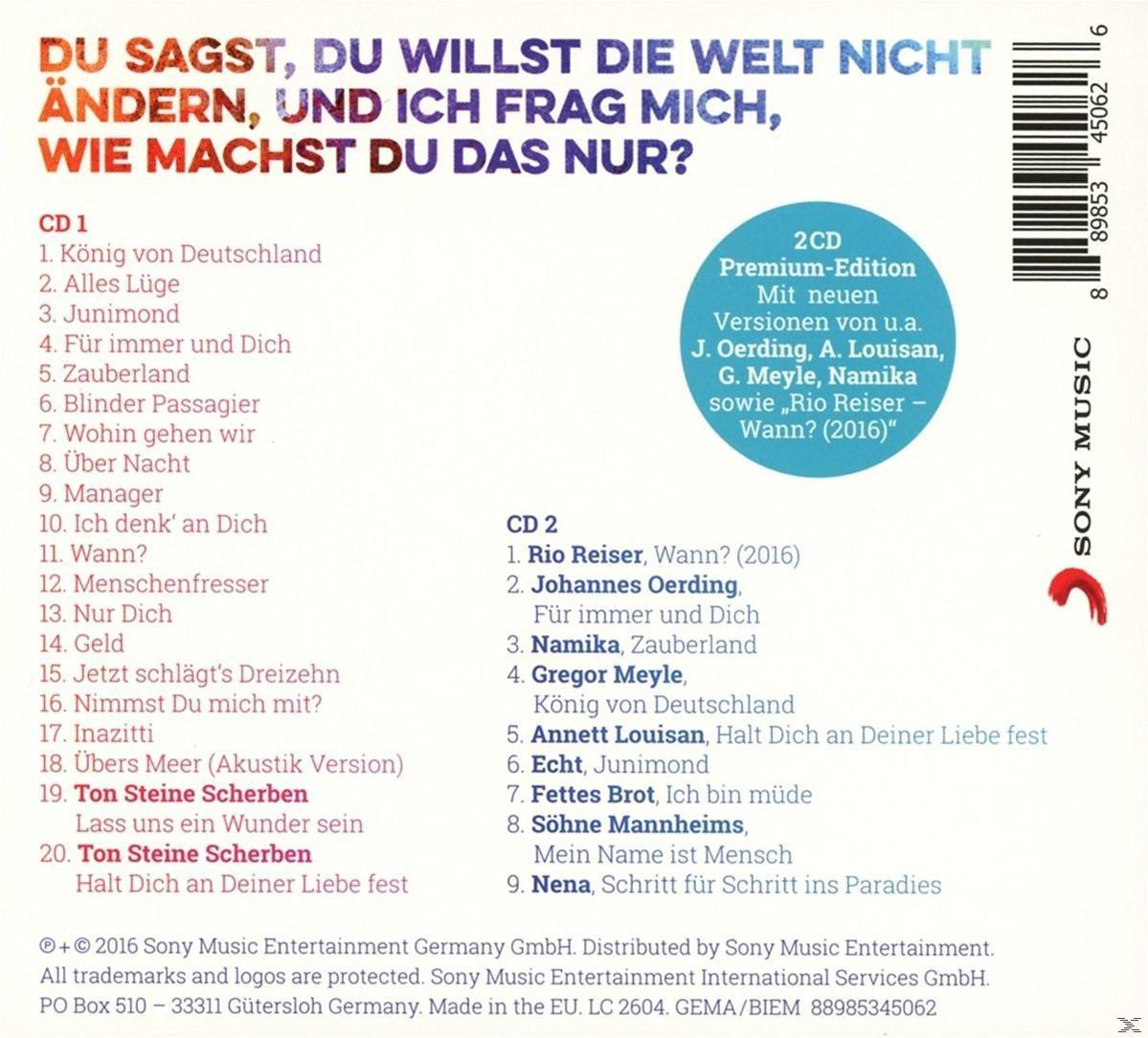 CD-Cover. Titelliste, CD1 und CD2, mit deutschem Text. Blauer und weißer runder Aufkleber.