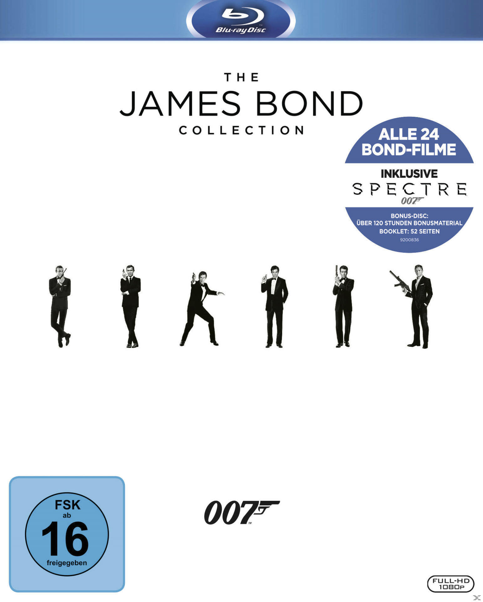 Blu-ray Disc-Hülle für The James Bond Collection. Enthält sechs Bond-Bilder. Enthält Text und Logos.