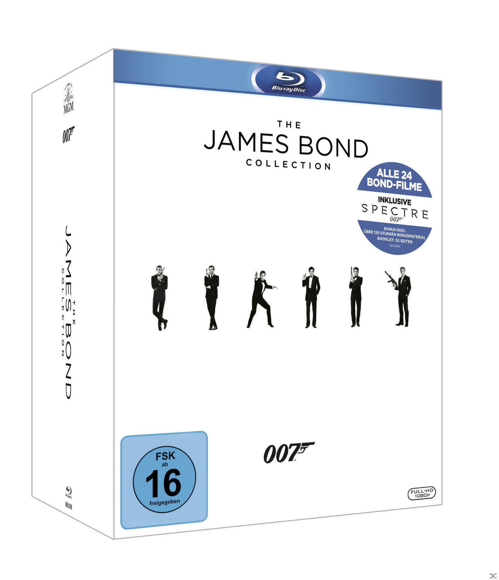 Die James Bond Collection Blu-ray-Box-Set mit James Bond-Figuren und einem Rating-Label.