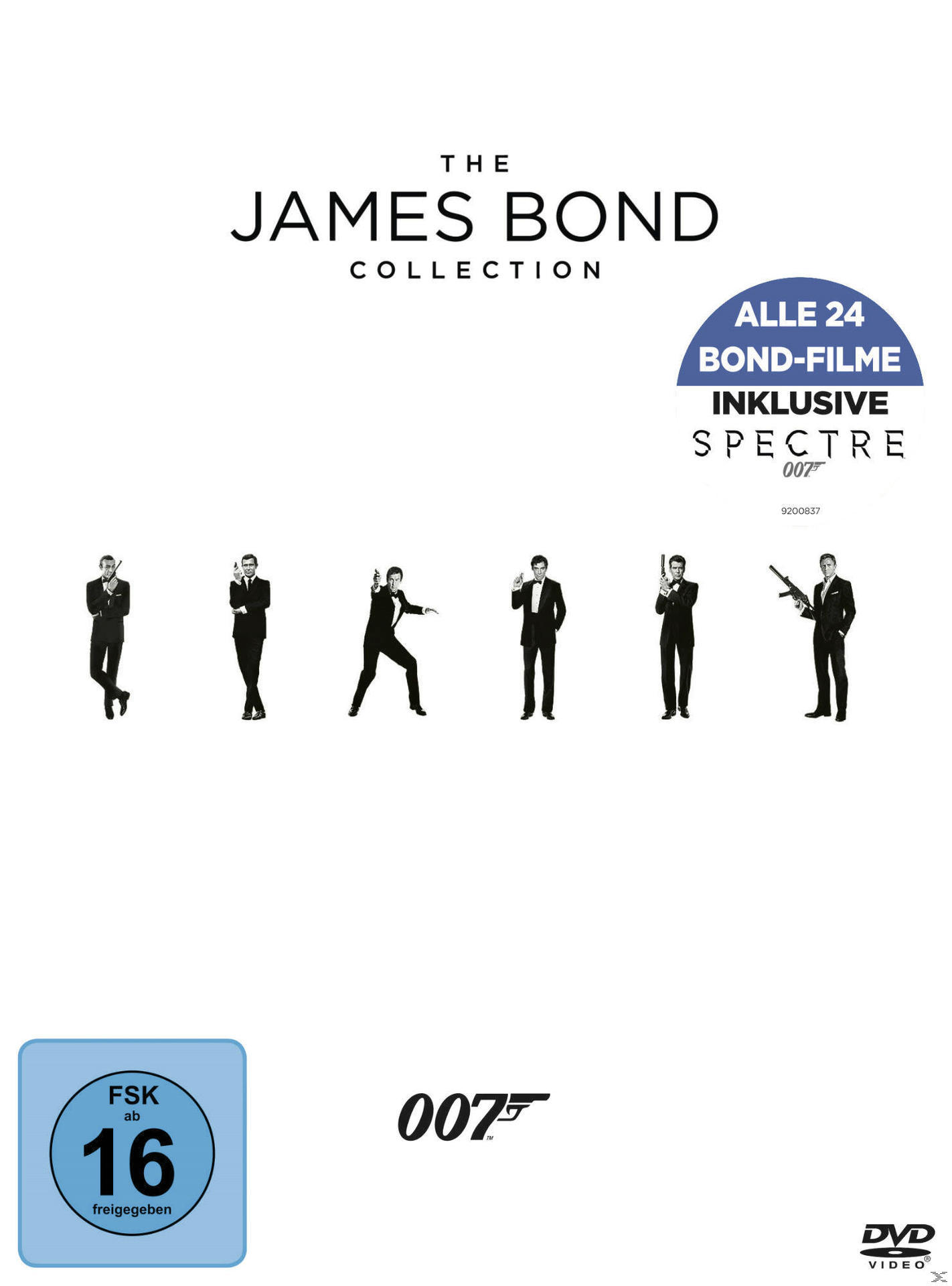 Die James Bond Collection DVD-Set. Sechs Bilder von Bond in verschiedenen Posen mit Waffen. Enthält Spectre.
