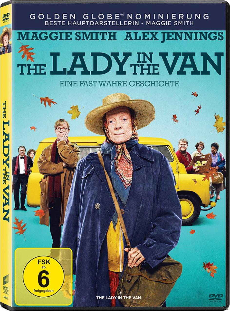 DVD-Cover für 'The Lady in the Van'. Zeigt die Hauptdarsteller, einen gelben Van und Herbstblätter.