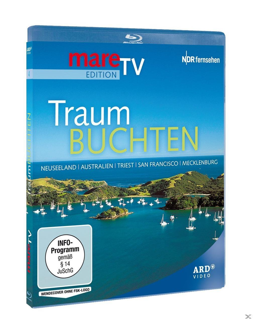 DVD-Cover: Blau mit dem Titel "Traum Buchten", zeigt eine Insel mit Segelbooten. Text auf Deutsch.
