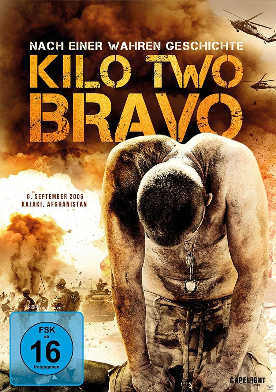 DVD-Cover. Ein Mann kniet im Vordergrund, Militärfahrzeuge und Hubschrauber im Hintergrund. Titel: Kilo Two Bravo.