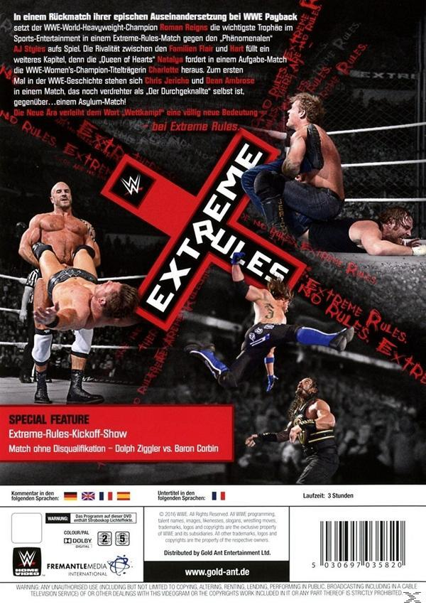 WWE Extreme Rules DVD-Cover. Wrestler in Aktion. Der Titel Extreme Rules ist in einem rot-weißen Design.