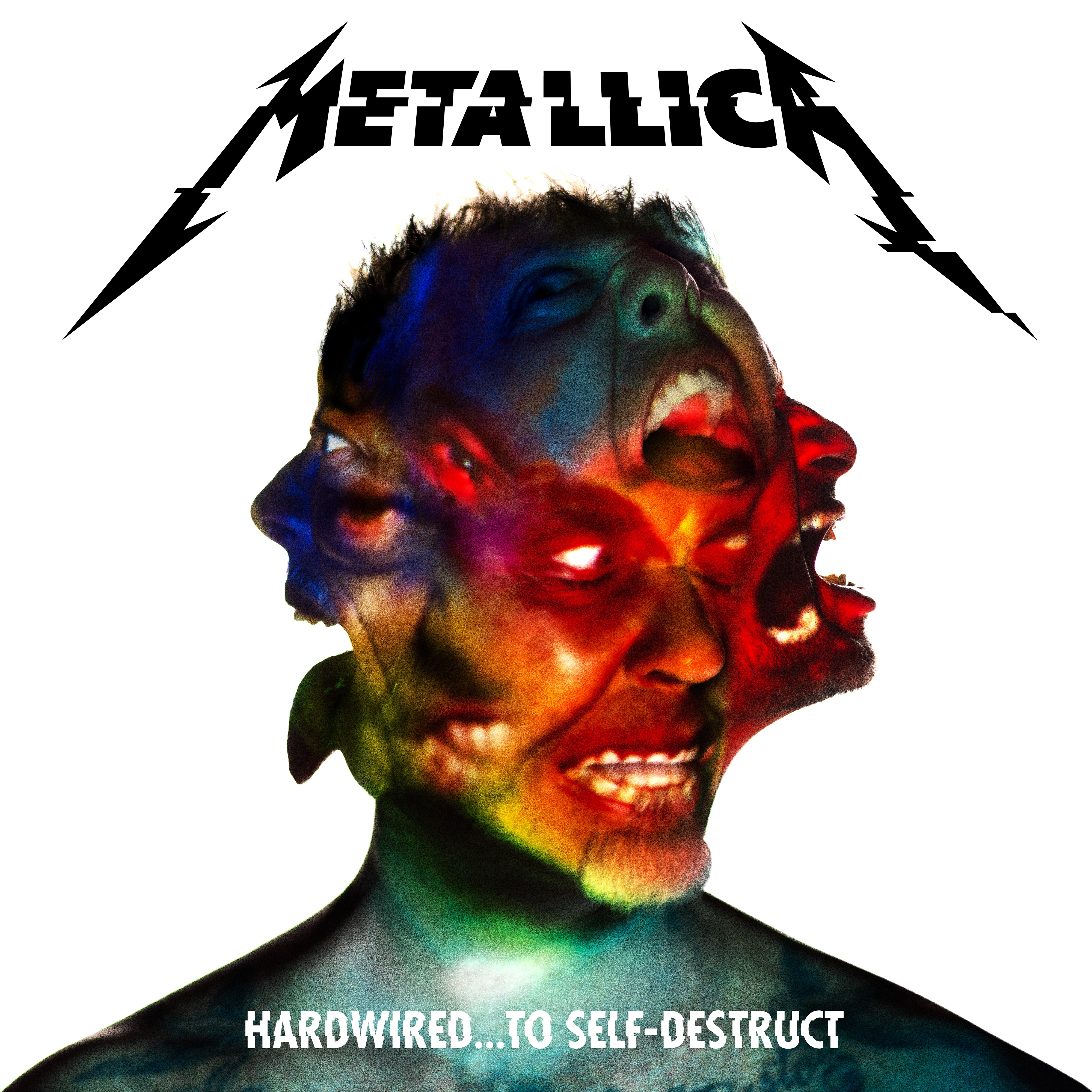 Metallica-Albumcover mit mehreren Gesichtern in einem verzerrten Porträt, mit dem Bandlogo und Albumtitel oben und unten.