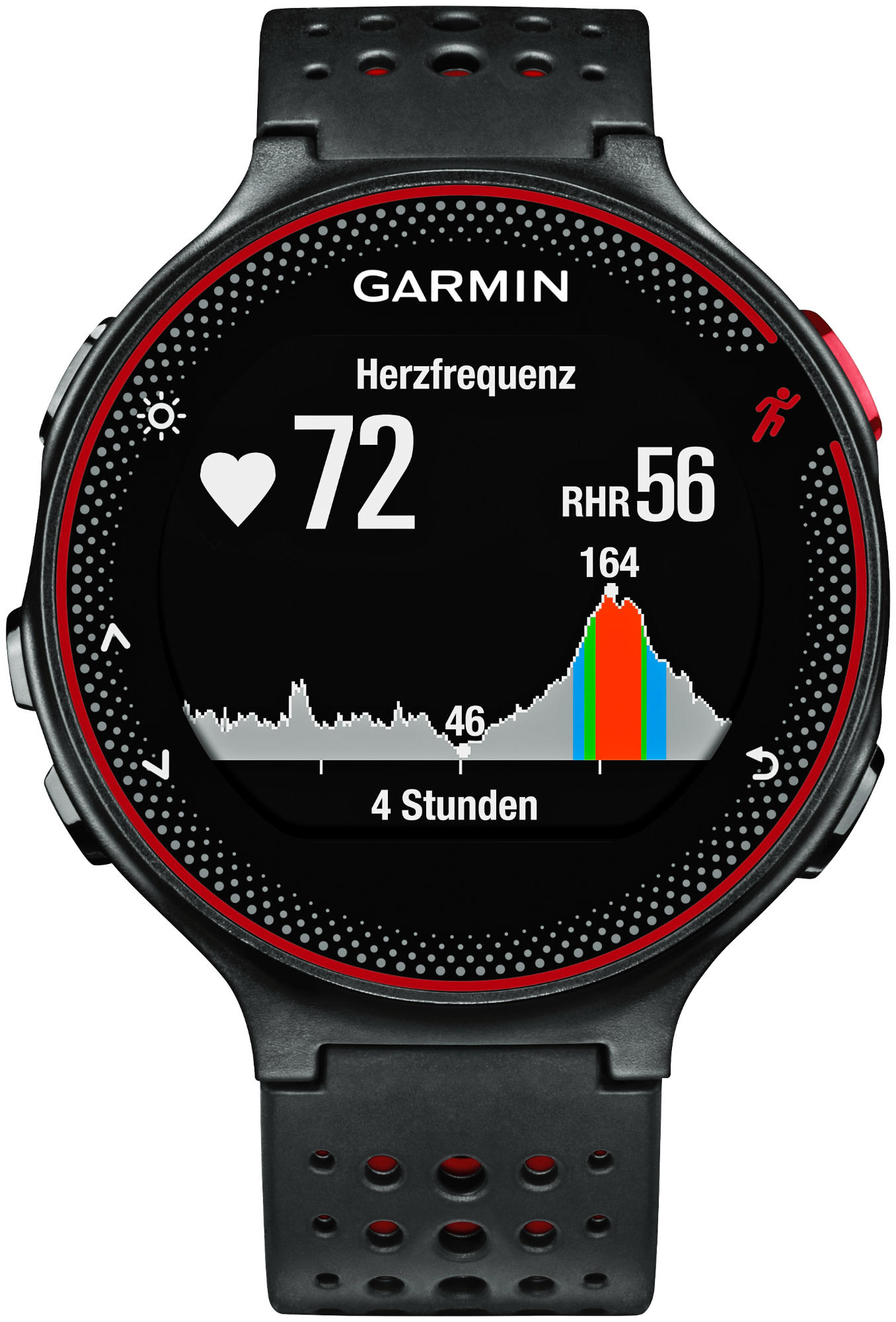 Garmin Smartwatch, schwarz mit rotem Akzent. Der Bildschirm zeigt Herzfrequenz, RHR und ein Diagramm. Schwarzer Hintergrund.