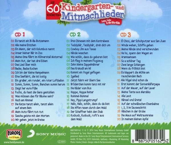 Rückseite einer CD mit Songtiteln und Credits. Buntes Design mit Text und kleinen Bildern.