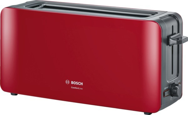 Ein roter Bosch-Toaster mit schwarzen Akzenten. Der Toaster steht auf weißem Hintergrund.