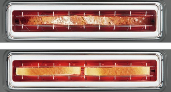Toaster zeigt zwei toastende Brotscheiben. Die Heizelemente sind sichtbar.