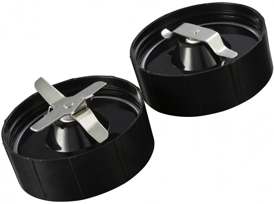 Two black blender blade containers are open, showing the blades.