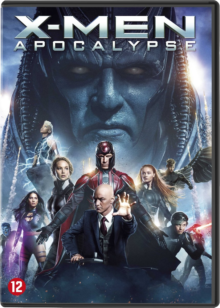 X-Men Apocalypse dvd-hoes. Personages uit de film staan op de voorgrond.