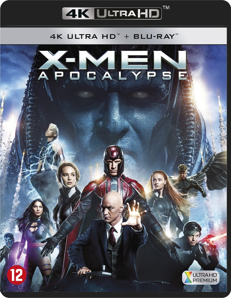 Couverture 4K Ultra HD de X-Men Apocalypse. Personnages devant Apocalypse. Tons bleus et noirs.
