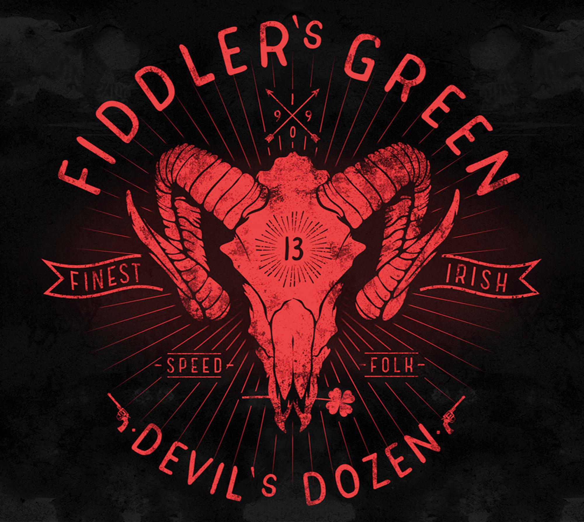 Eine rote Totenkopf-Grafik mit Hörnern, umgeben von Text für 'Fiddler's Green Devil's Dozen Irish Folk' auf Schwarz.