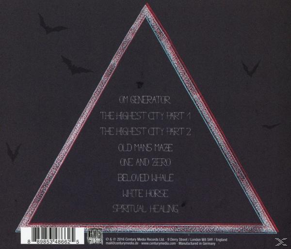 Album-Rückseite: schwarzer Hintergrund, ein Dreieck mit Text über die Tracks und Century Media Logo.
