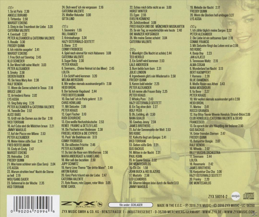 Ein CD-Cover mit Titelliste. Viele Songtitel sind mit Künstlernamen aufgeführt.