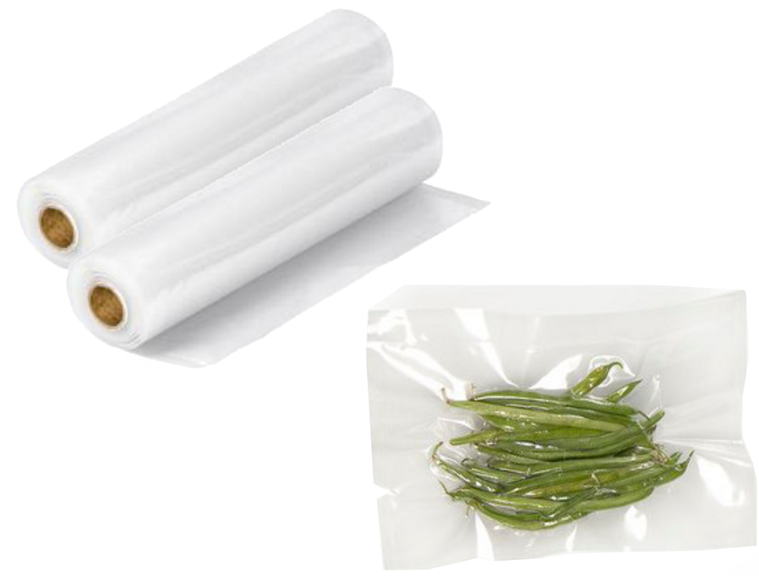 Two rolls of clear plastic vacuum seal bags and a bag with green beans.
