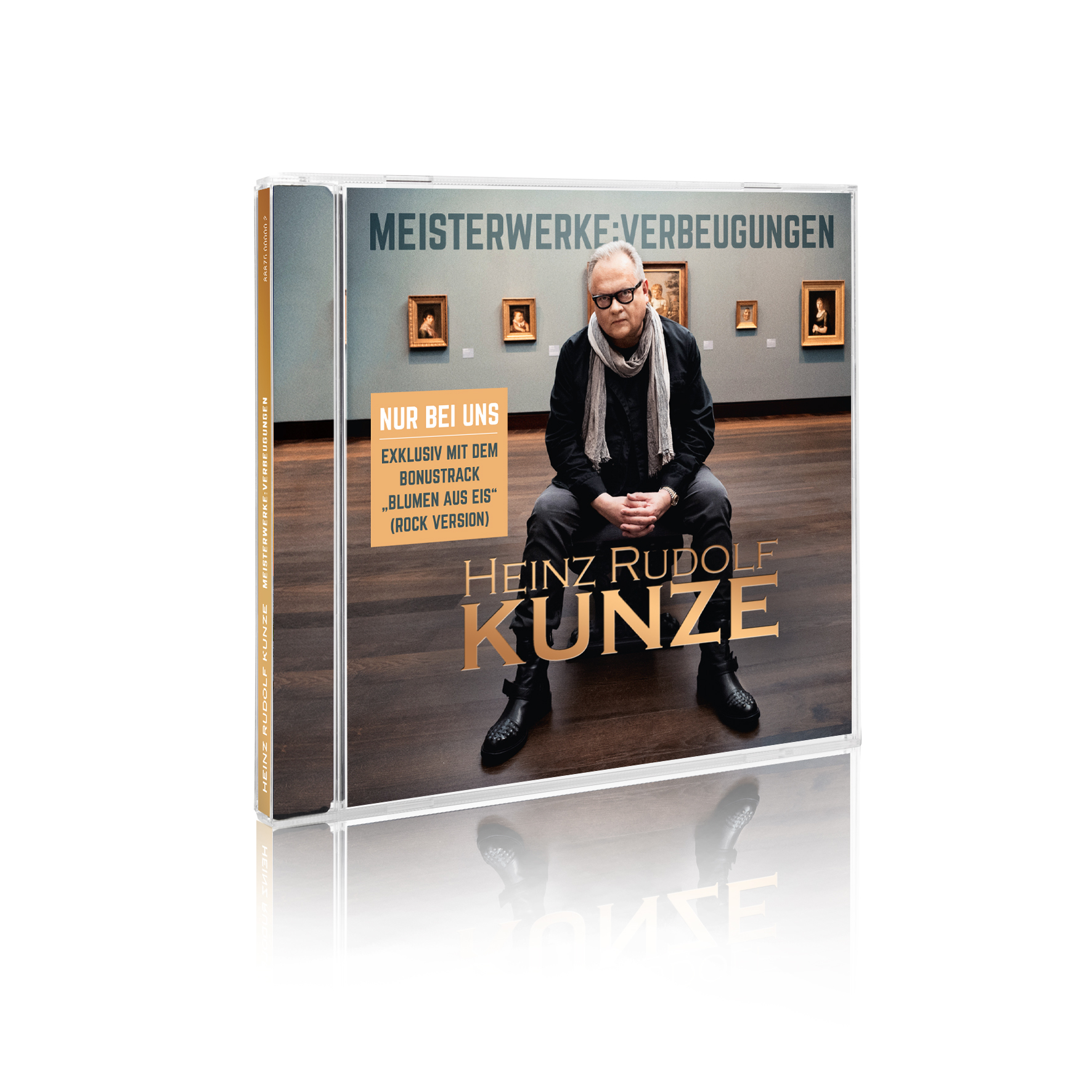 Albumcover eines Mannes in einer Galerie. Der Titel lautet in großen Buchstaben: Meisterwerke-Verbeugungen.