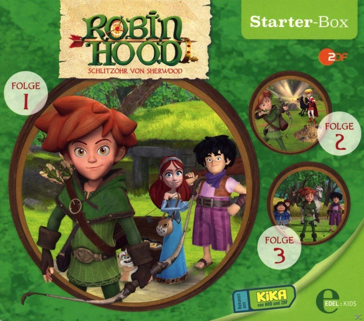 Robin Hood Zeichentrick-DVD-Cover. Titel und Charaktere der Show. Starter-Box-Label.