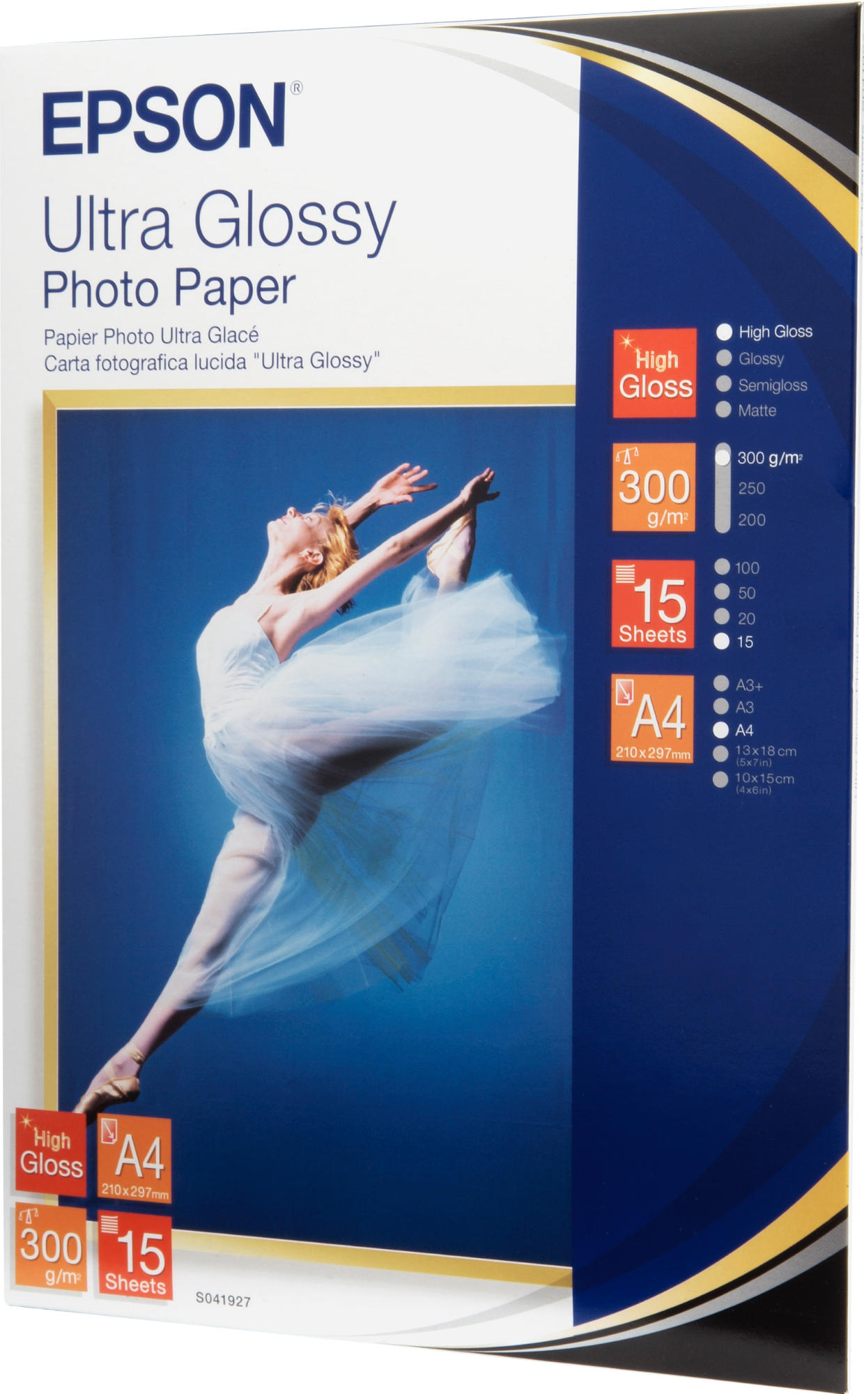 Caja de papel fotográfico Epson Ultra Glossy. Bailarina en tutú blanco realiza pose de ballet. Detalles del producto a la derecha.