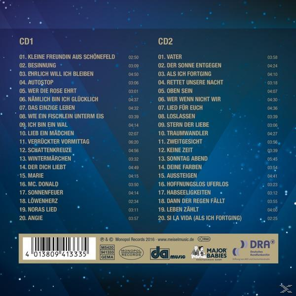 Ein CD-Cover mit Titellisten, hauptsächlich auf Deutsch, mit Logos von Plattenfirmen und verwandten Unternehmen.