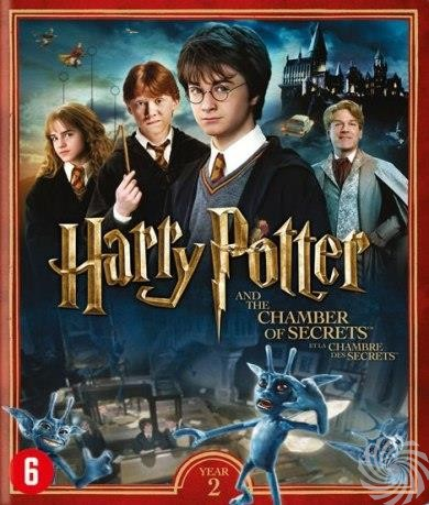 DVD-hoes van Harry Potter met hoofdpersonages en Zweinstein op de achtergrond. Blauwe wezens.