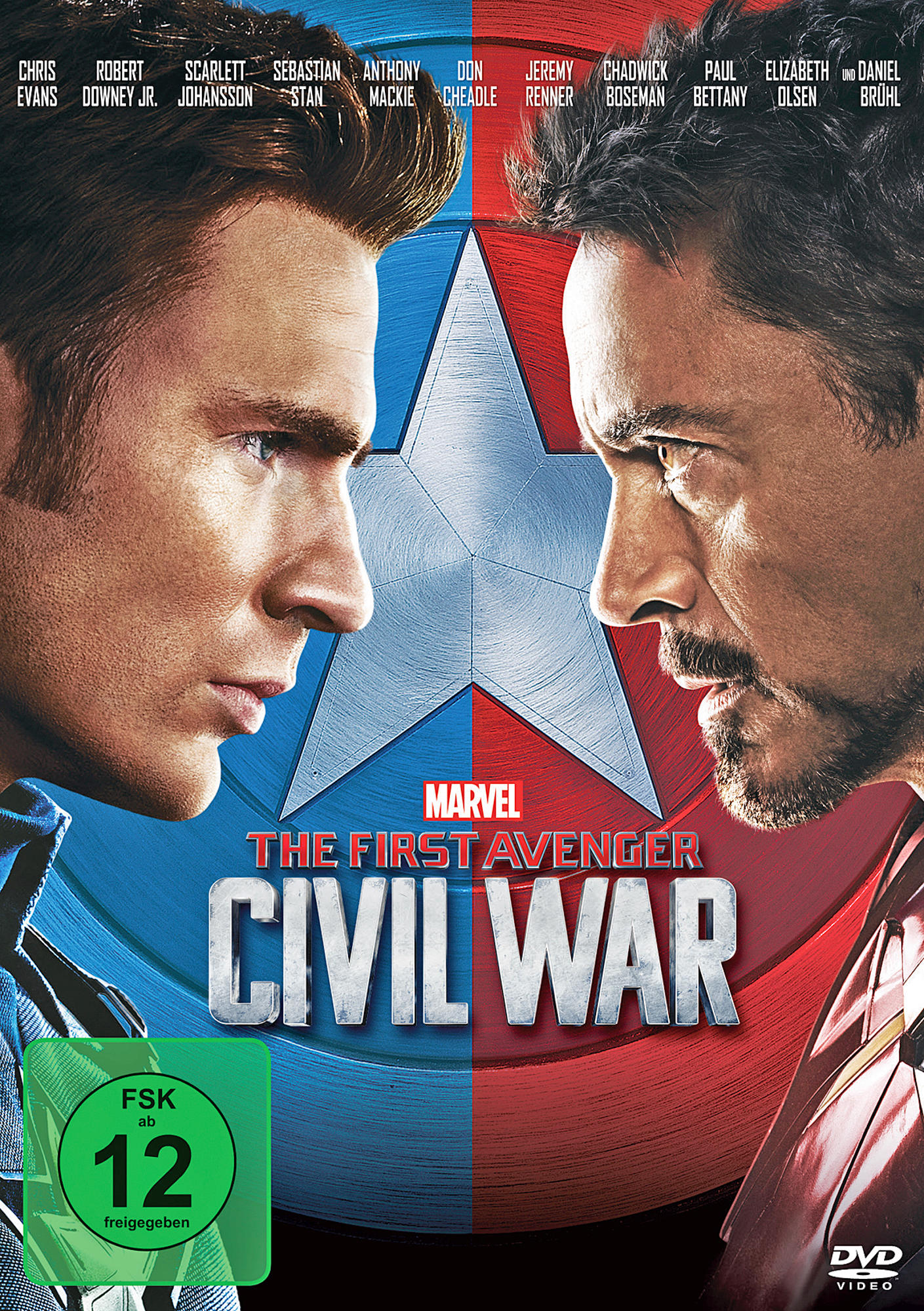 DVD-Cover für 'Captain America: Civil War'. Zeigt Captain America und Iron Man, die sich gegenüberstehen.